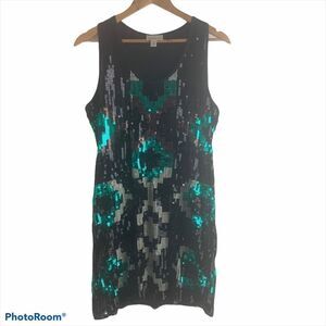 Donna Morgan Black, Green, Silver Sleeveless Sequinned Mini Dress Size 10